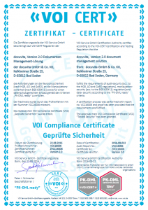 Certificate confirming security of docuvita document management system for SMEs